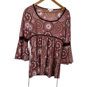 Dress Barn Women's Y2K Flair Sleeve Medallion Print Boho Peasant Top Pink Sz L